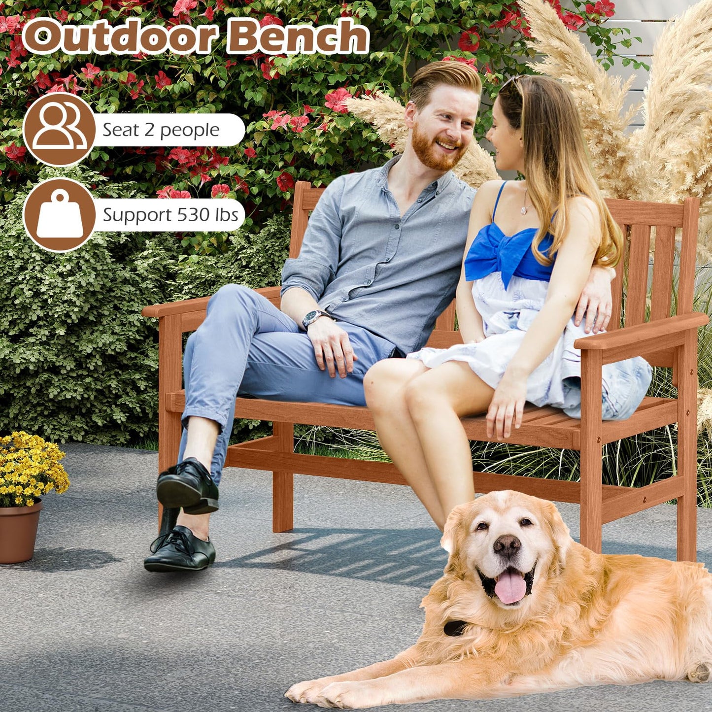 Tangkula Wooden Garden Bench 2-Person Patio Loveseat with Slatted Backrest and Comfortable Armrests