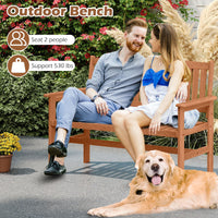 Tangkula Wooden Garden Bench 2-Person Patio Loveseat with Slatted Backrest and Comfortable Armrests