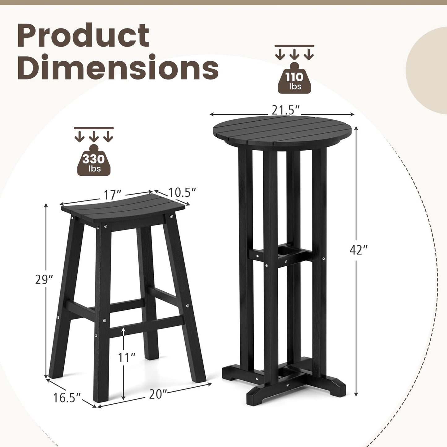 Tangkula 3PCS Outdoor HDPE Bar Table & Chair Set for 2