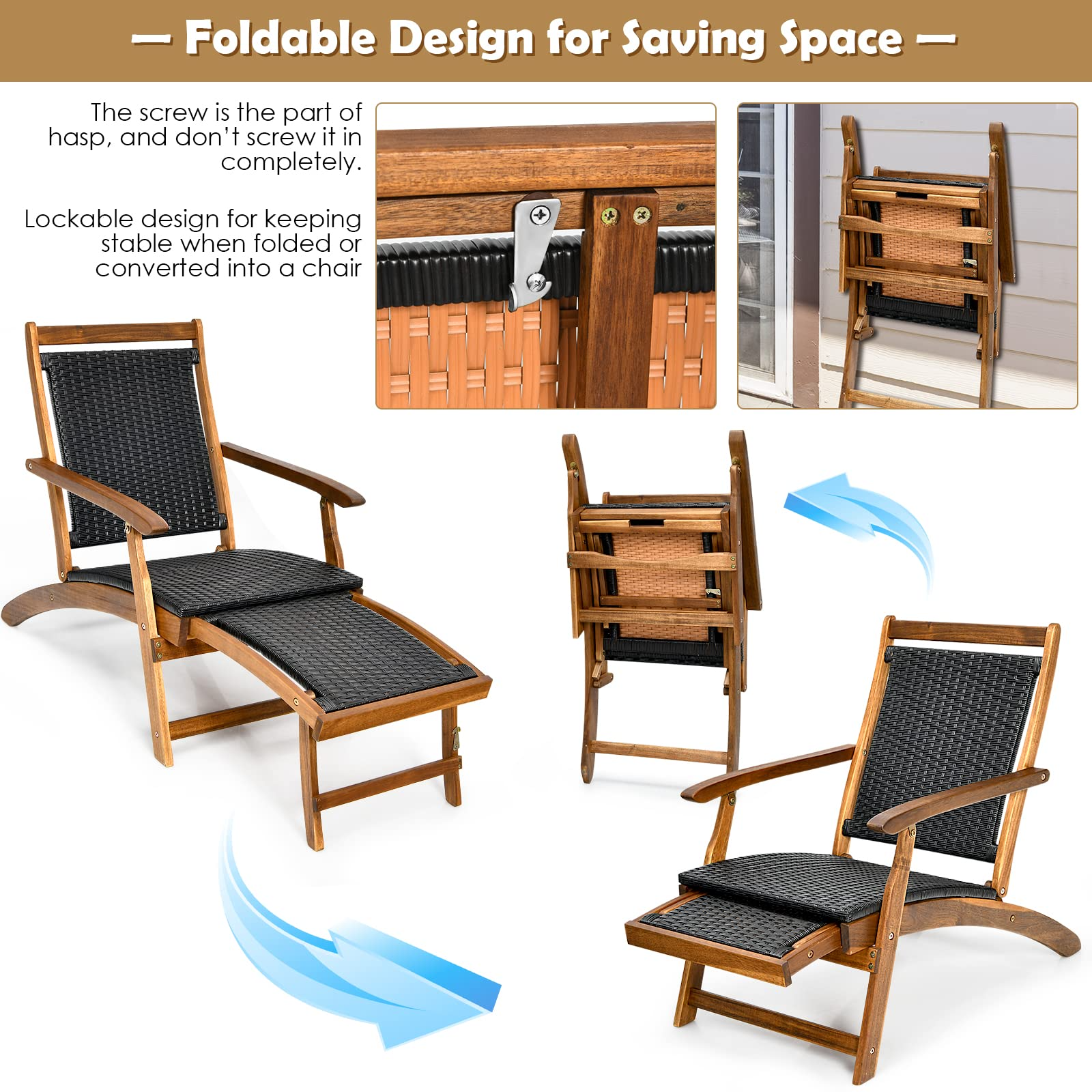 Acacia Wood Folding Chaise Lounge Chair - Tangkula