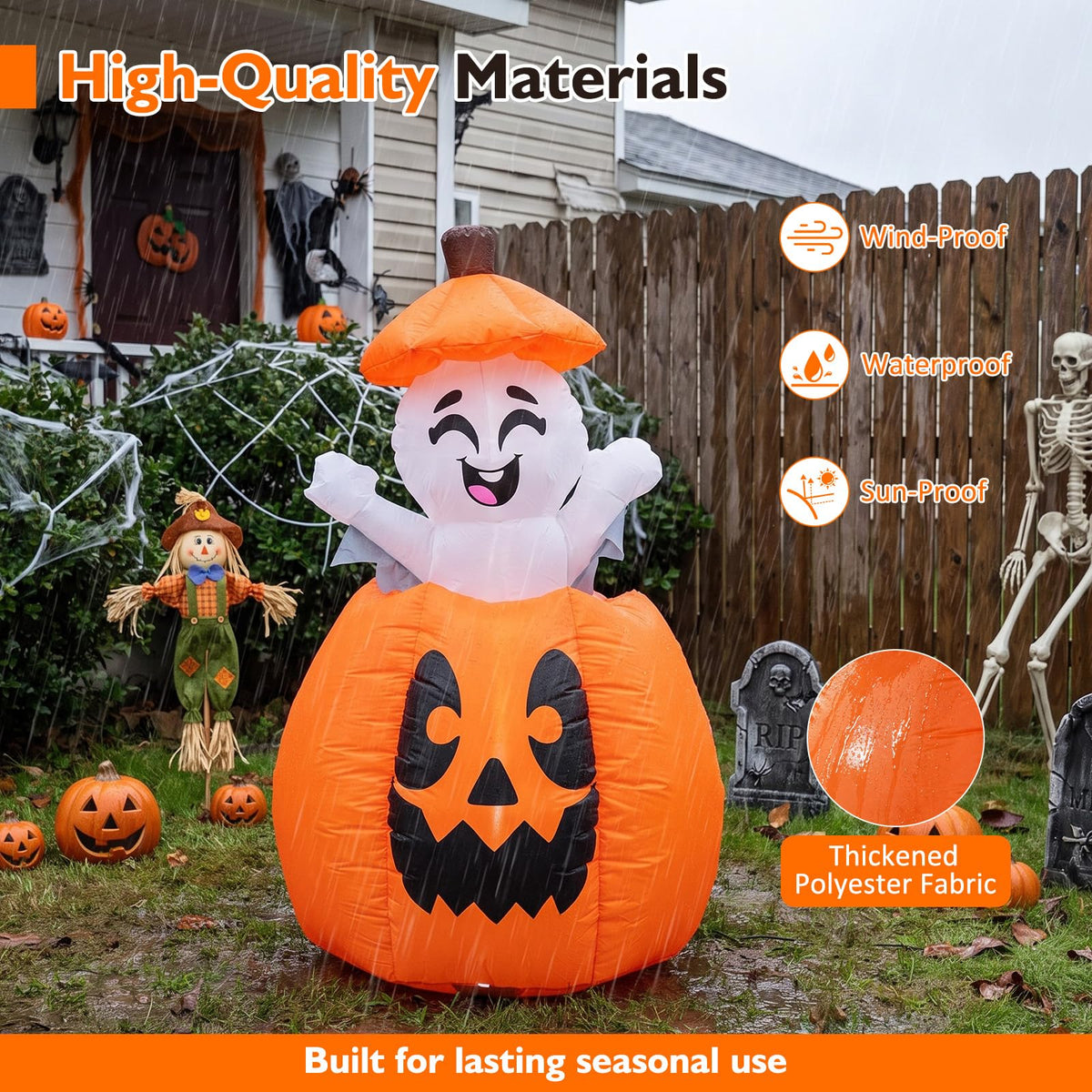 Tangkula 5 FT Halloween Lighted Inflatable Pumpkin with Animated Ghost