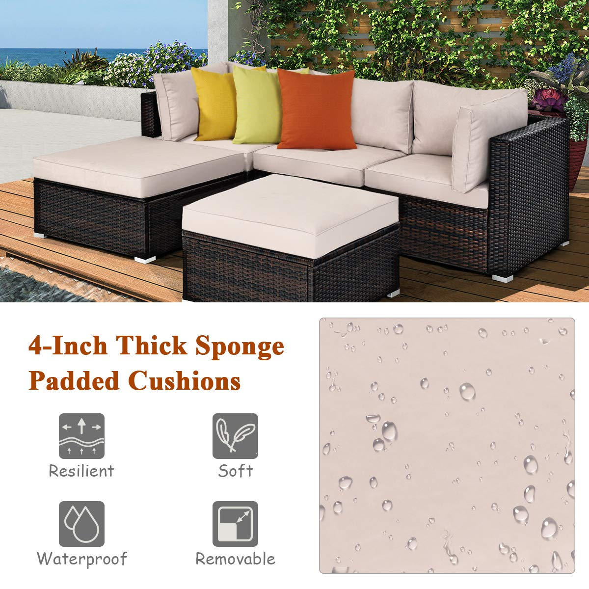 Tangkula 5 Piece Patio Furniture Set, Outdoor Sectional Rattan Sofa Set with Cushions and Coffee Table