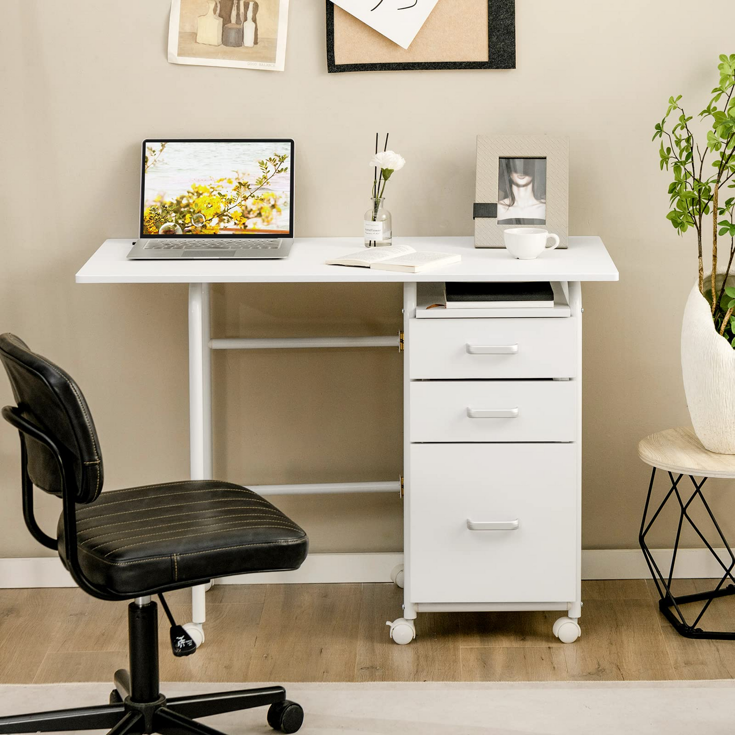 Tangkula White Folding Desk with 3 Drawers, Mobile Home Office Desk, Portable Laptop Desk Writing Table