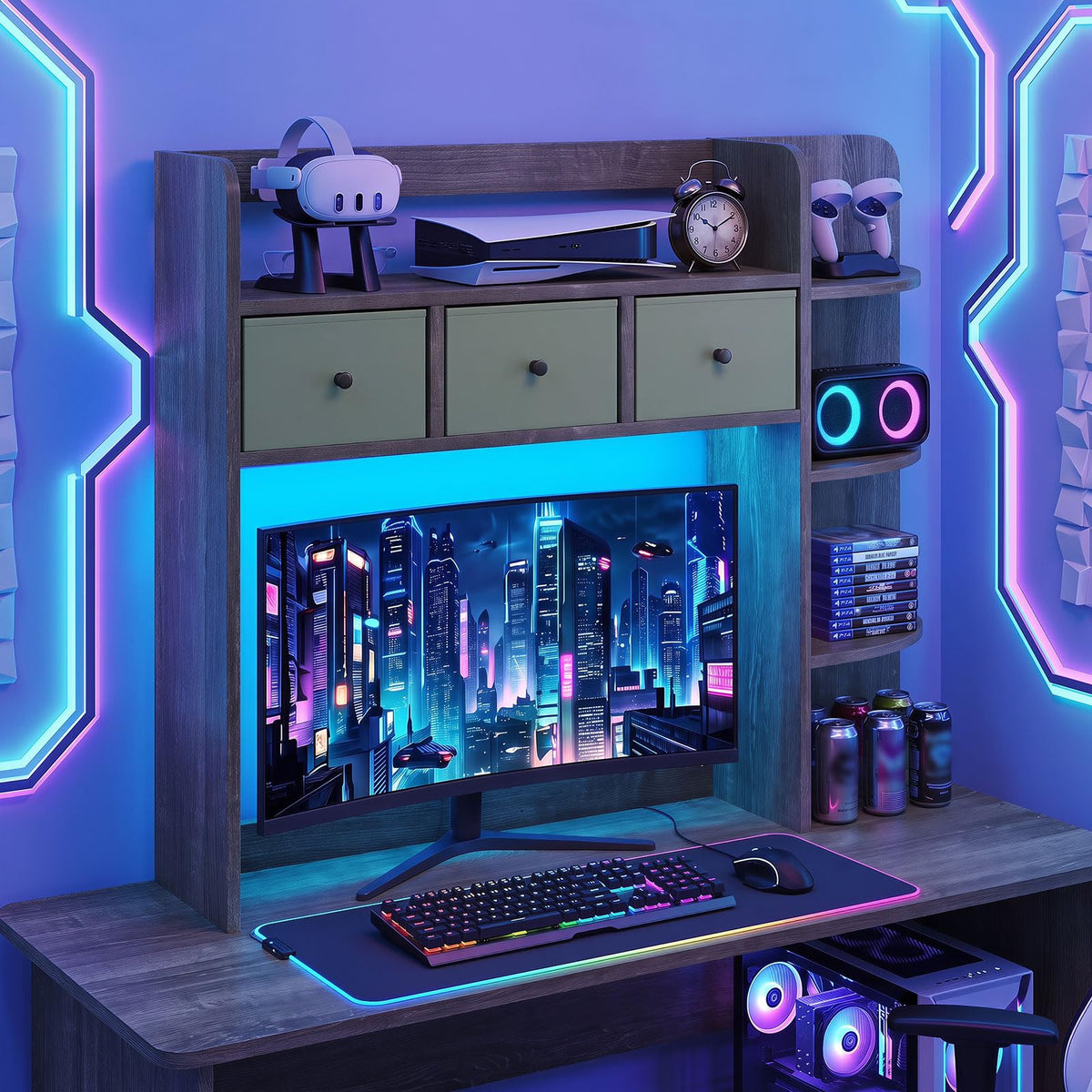 Tangkula Desktop Bookshelf with LED Lights Dorm Desk Hutch