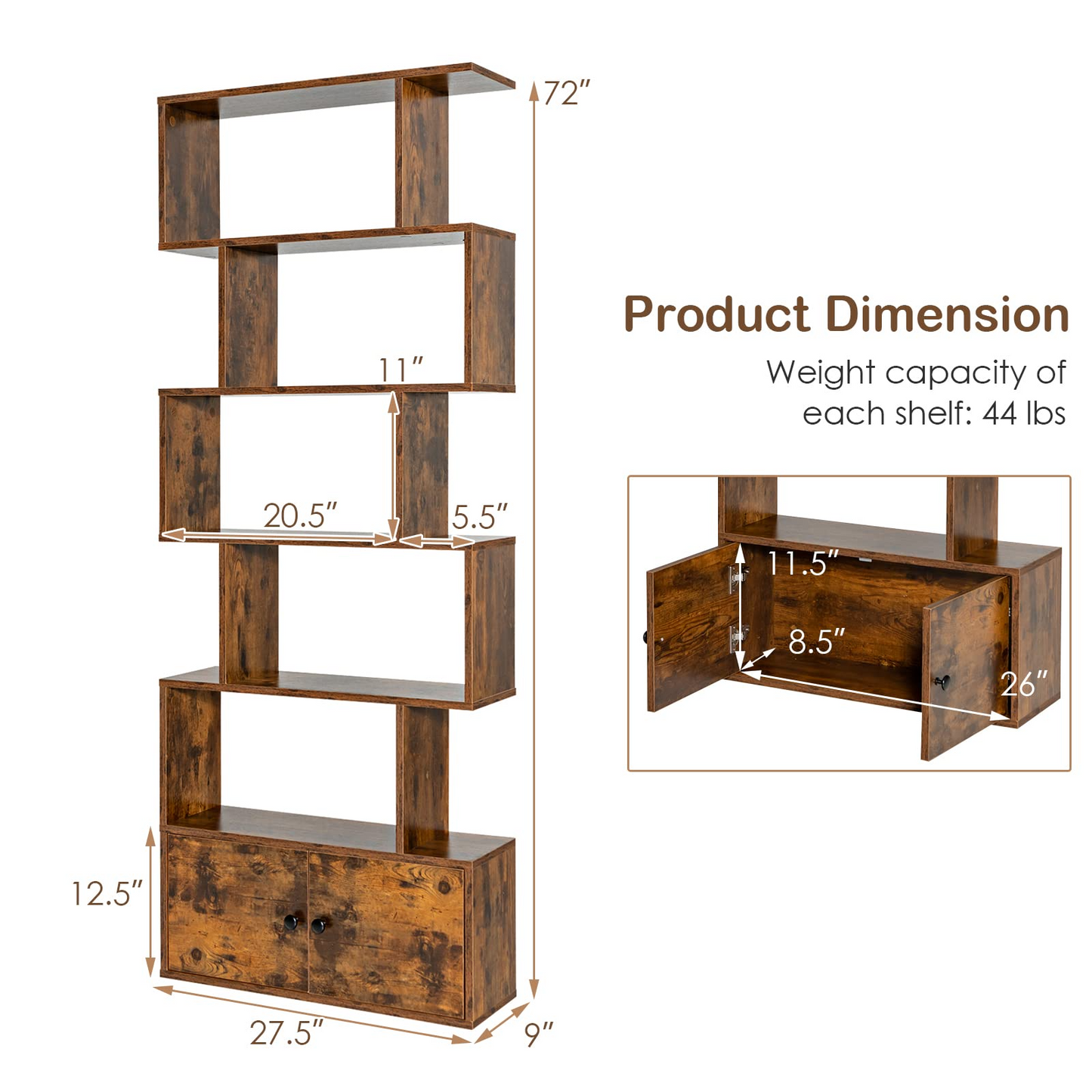 Tangkula S Shaped Bookshelf with Cabinet, 6-Tier Bookcase with Doors, Freestanding Geometric Bookshelves for Living Room