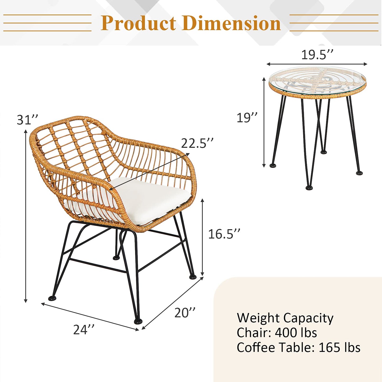 3 Pieces Patio Bistro Set, Rattan Conversation Set with 2 Cushioned Armchairs & Round Glass Coffee Table