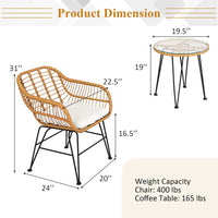 3 Pieces Patio Bistro Set, Rattan Conversation Set with 2 Cushioned Armchairs & Round Glass Coffee Table