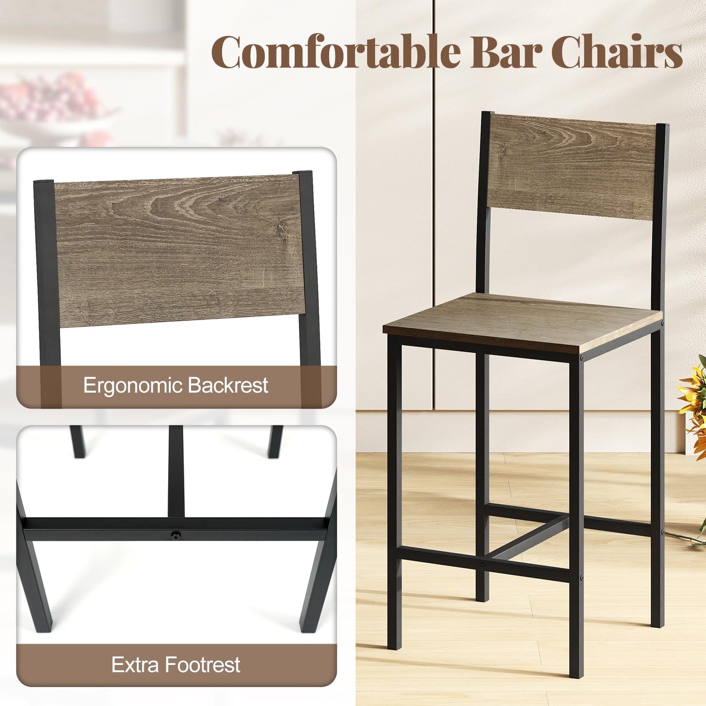 Tangkula 3 Piece Counter Height Bar Table Set Pub Table and Chairs
