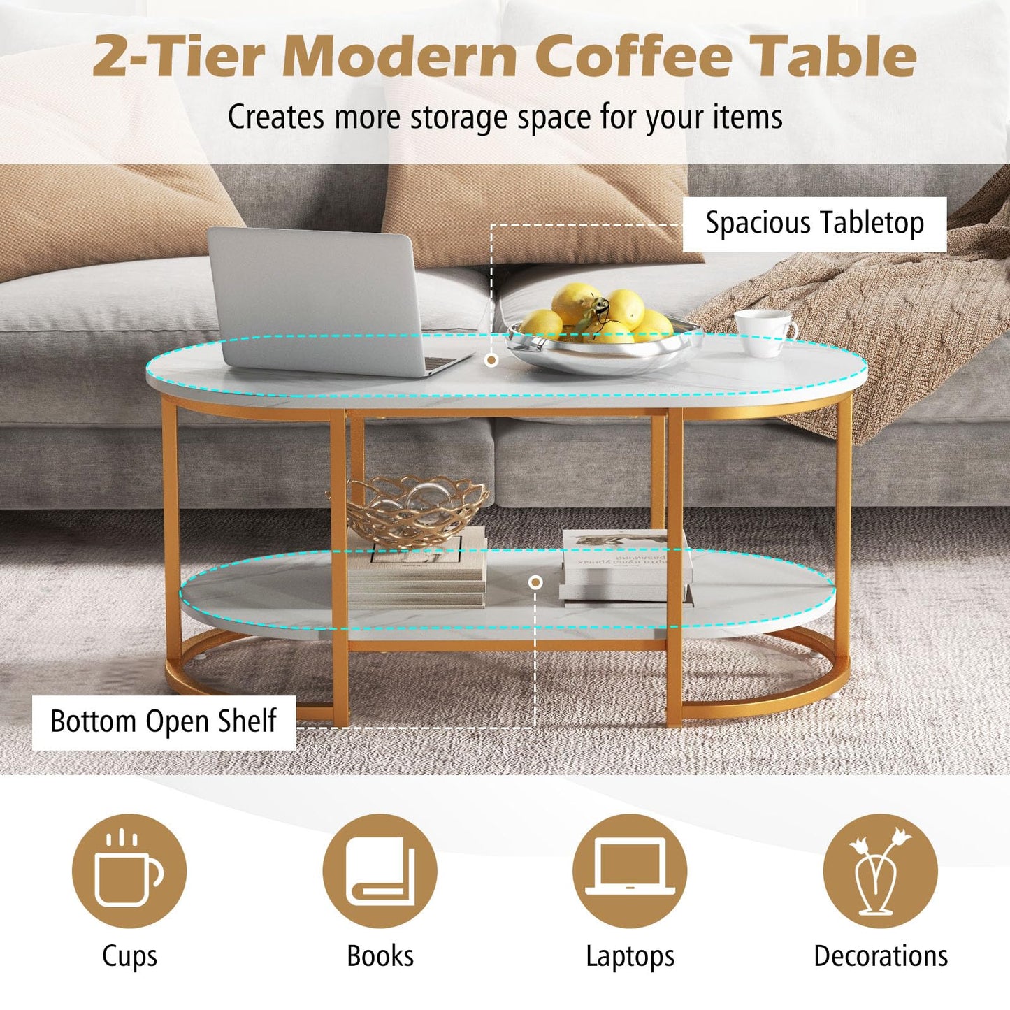 Tangkula Table basse moderne, table centrale ovale de 99 cm avec plateau en faux marbre blanc et cadre en métal doré (moderne, blanc, 99 cm)