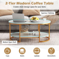 Tangkula Table basse moderne, table centrale ovale de 99 cm avec plateau en faux marbre blanc et cadre en métal doré (moderne, blanc, 99 cm)