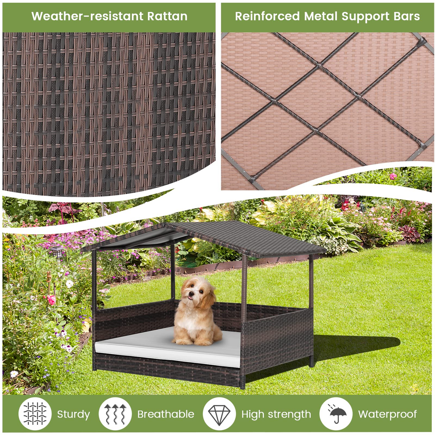 Tangkula Wicker Dog House, Indoor Outdoor Raised Rattan Dog Bed