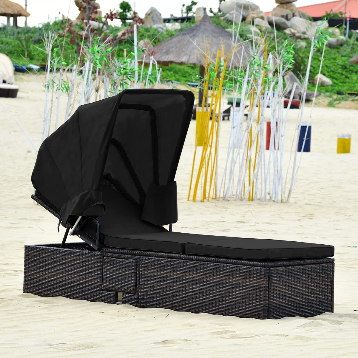 Outdoor Chaise Lounge Chair with Folding Canopy, Adjustable Cushioned Reclining Chair with Flip-up Tea Table