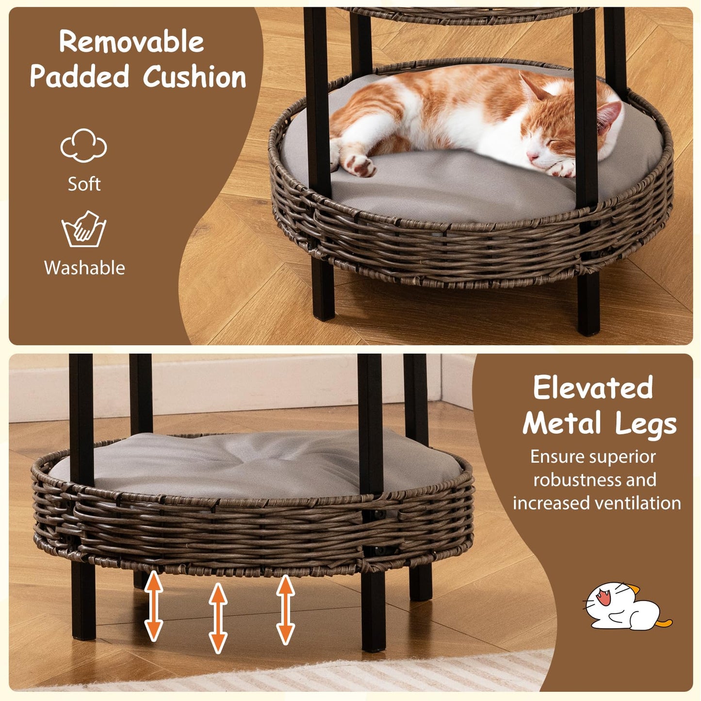 Niche de chat Tangkula à 2 étages en rotin avec coussin rembourré amovible