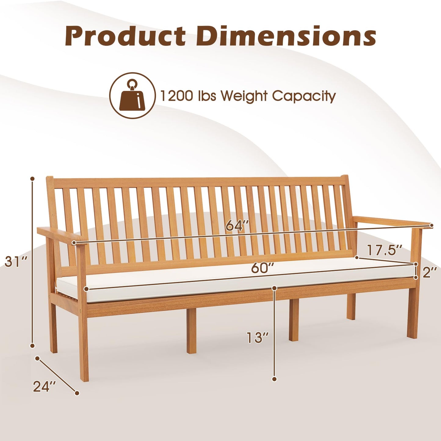 Tangkula Outdoor 3-Seat Wood Bench, 64 Inches Extra Long Acacia Chair w/Seat Cushion
