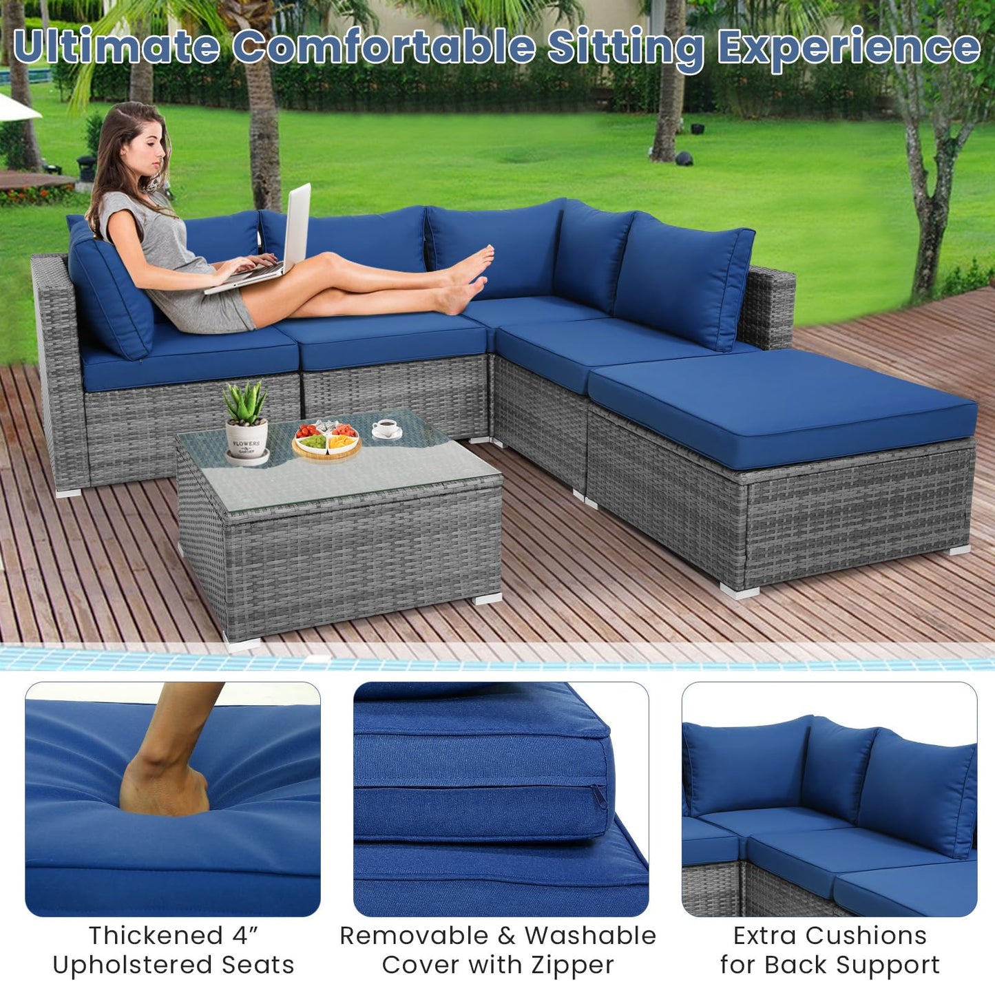 Tangkula 6 PCS Outdoor Rattan Sofa Set, Cushioned Sectional Set with Seat & Back Cushions