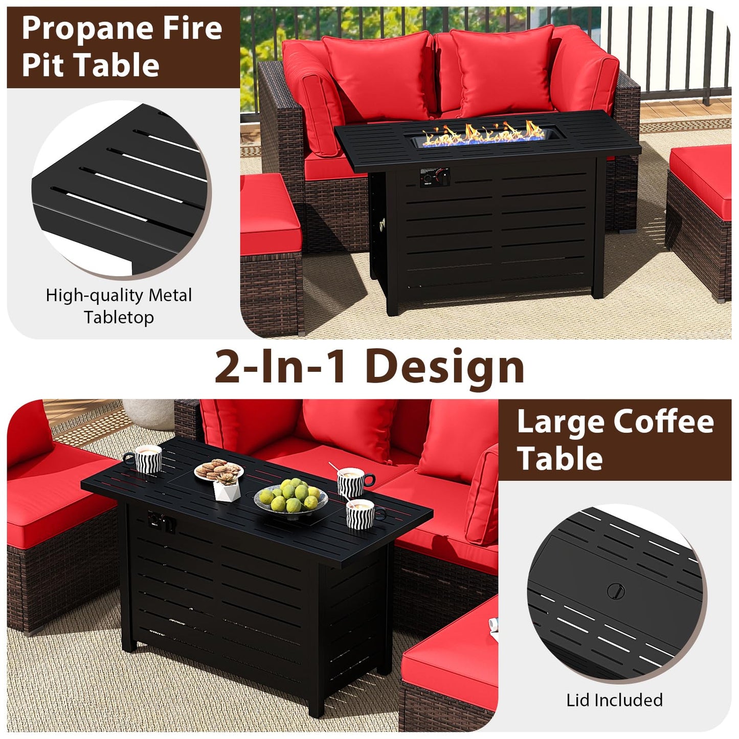 Tangkula 5 Piece Patio Rattan Sectional Sofa Set with 60,000 BTU Firepit Table