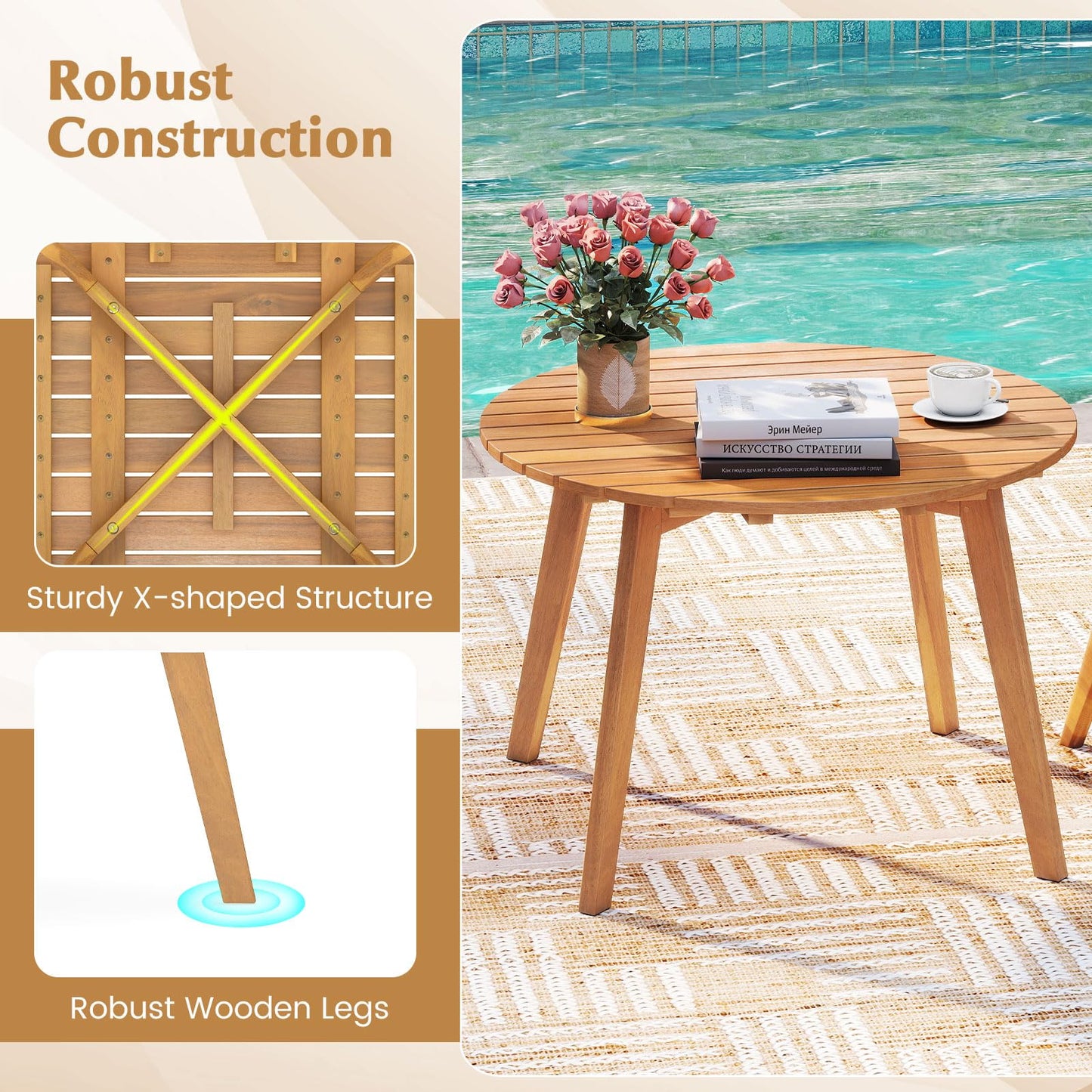 Tangkula Table d'appoint d'extérieur de 24,5 pouces en bois d'acacia, table de bistrot ronde d'appoint pour terrasse