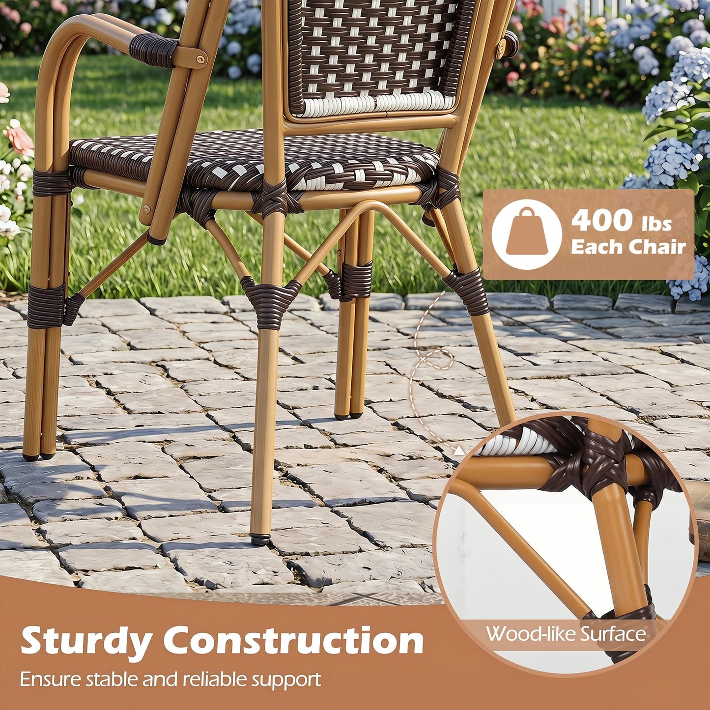 Tangkula Outdoor French Bistro Chairs Hand-Woven PE Wicker Patio Chairs(2/4)