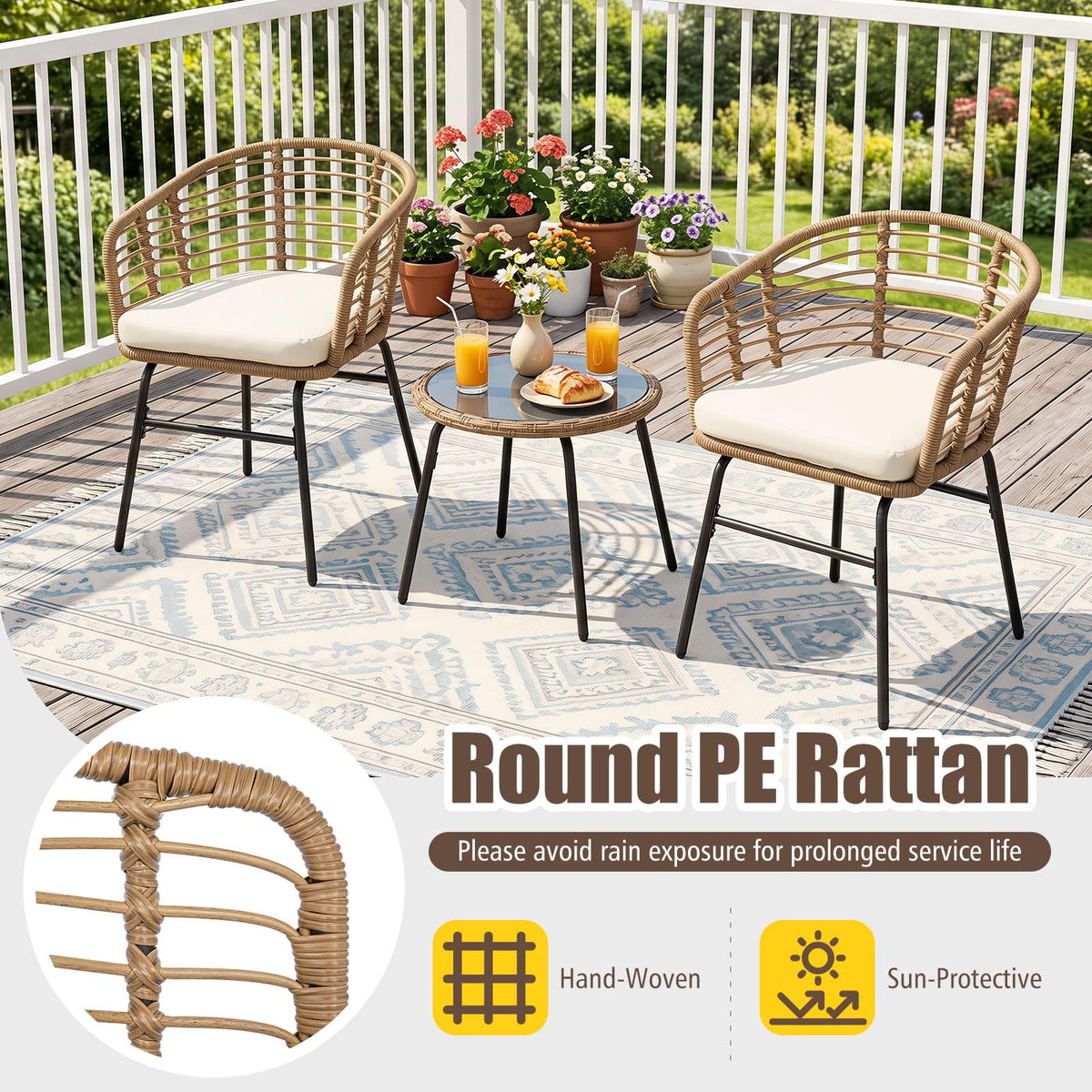 Tangkula 3 Pieces Patio Furniture Set with Tempered Glass Coffee Table and Soft Cushions