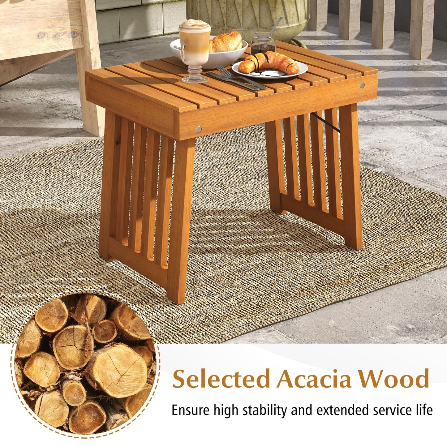 Tangkula Table d'appoint pliable pour patio, Table basse d'extérieur pliable en bois d'acacia avec plateau à lattes