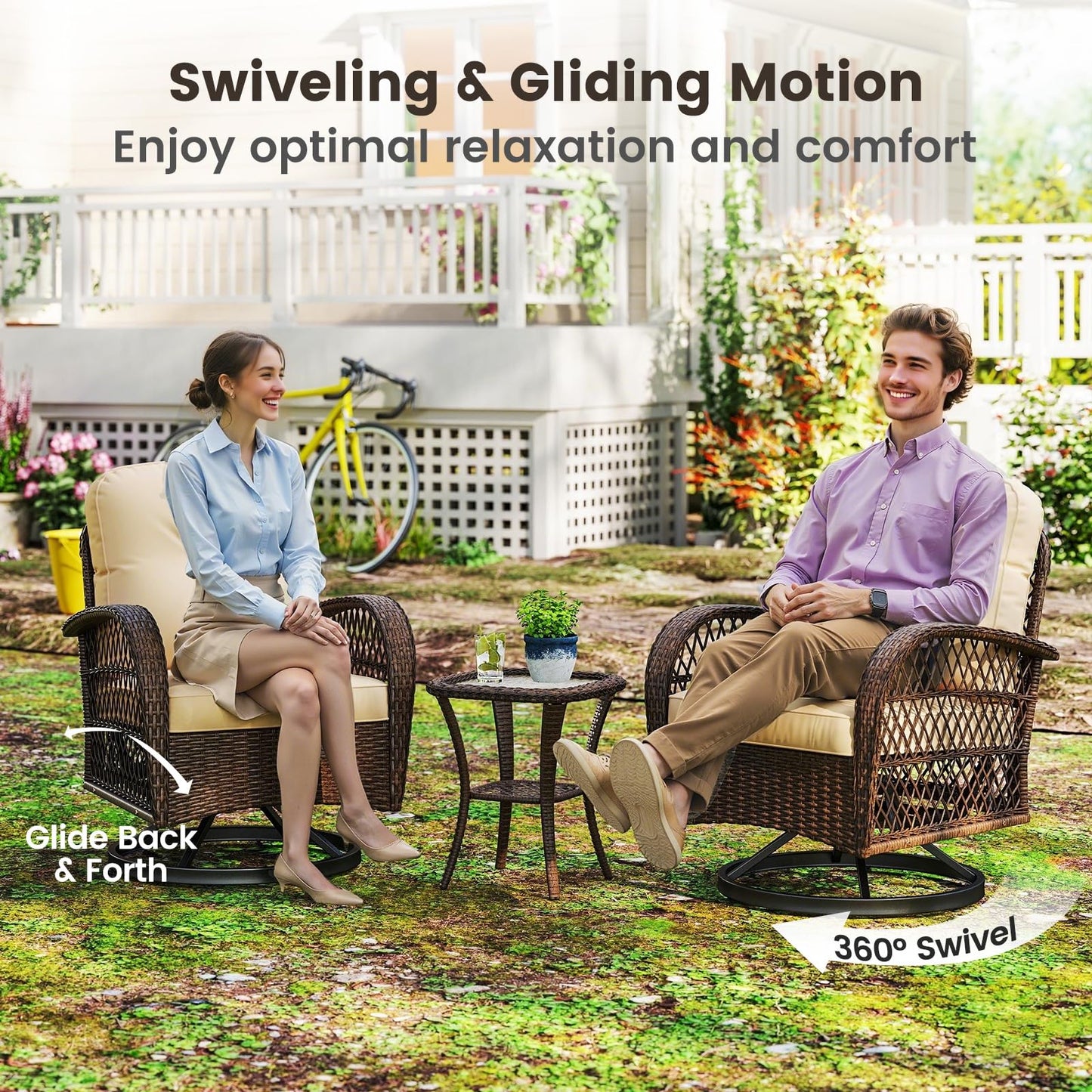 Tangkula 3 Piece Patio Swivel Rocker Set 2 Outdoor Wicker Rocking Chairs