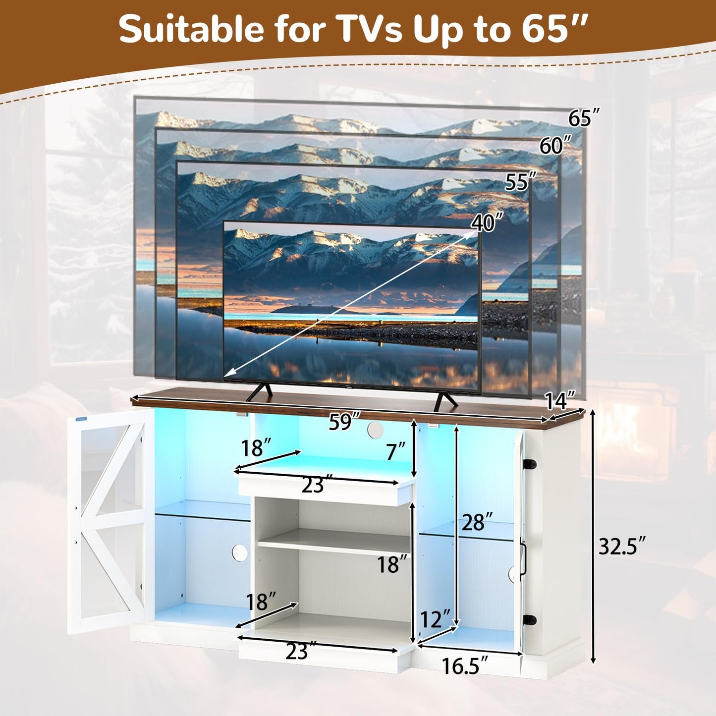 Tangkula Farmhouse LED TV Stand for TV up to 65 Inch
