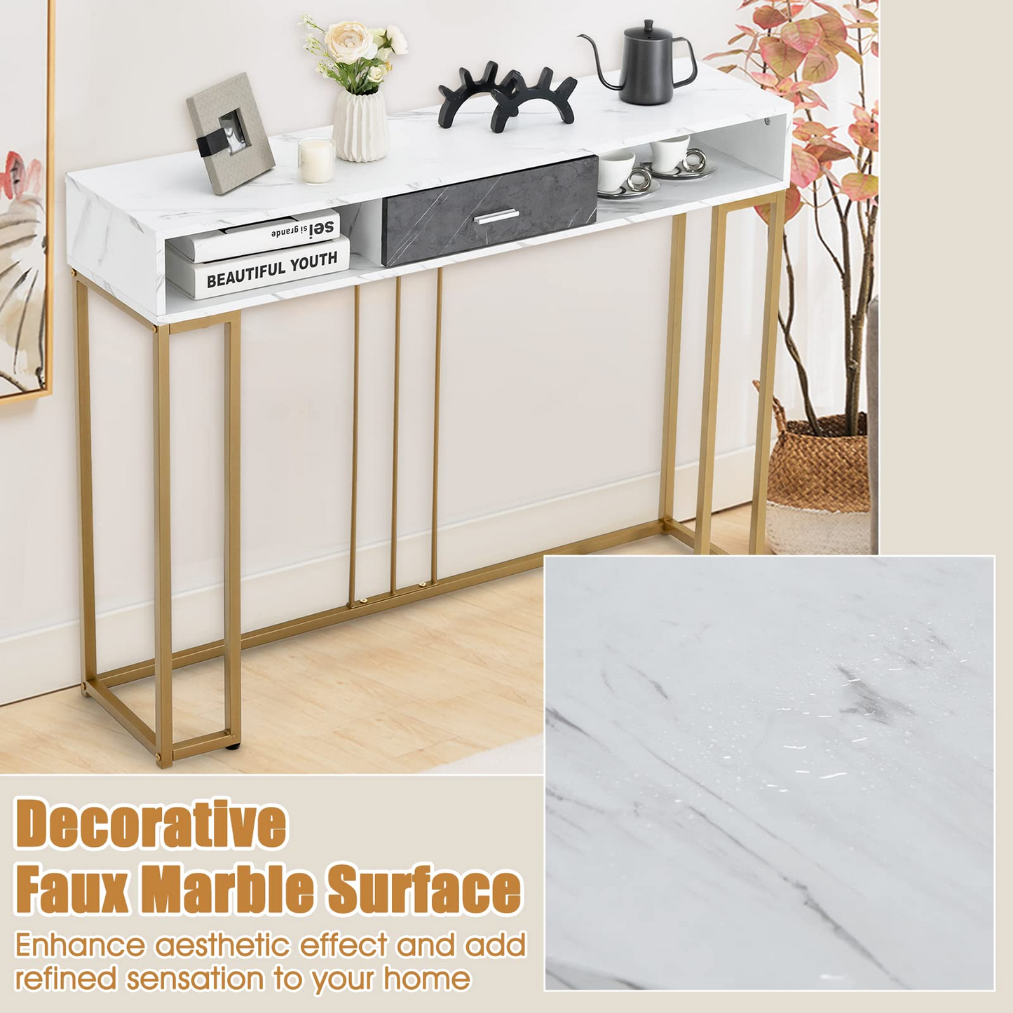 Tangkula Console Table with Drawer, 48" 2-Tier Faux Marble Sofa Table with Golden Steel Frame