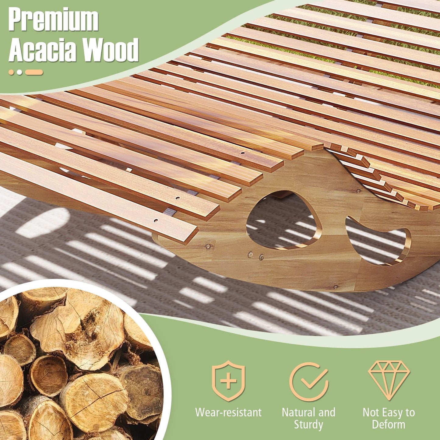 Tangkula Outdoor Double Chaise Lounge Chair, Acacia Wood Rocking Sunbed with Slatted Backrest and Seat