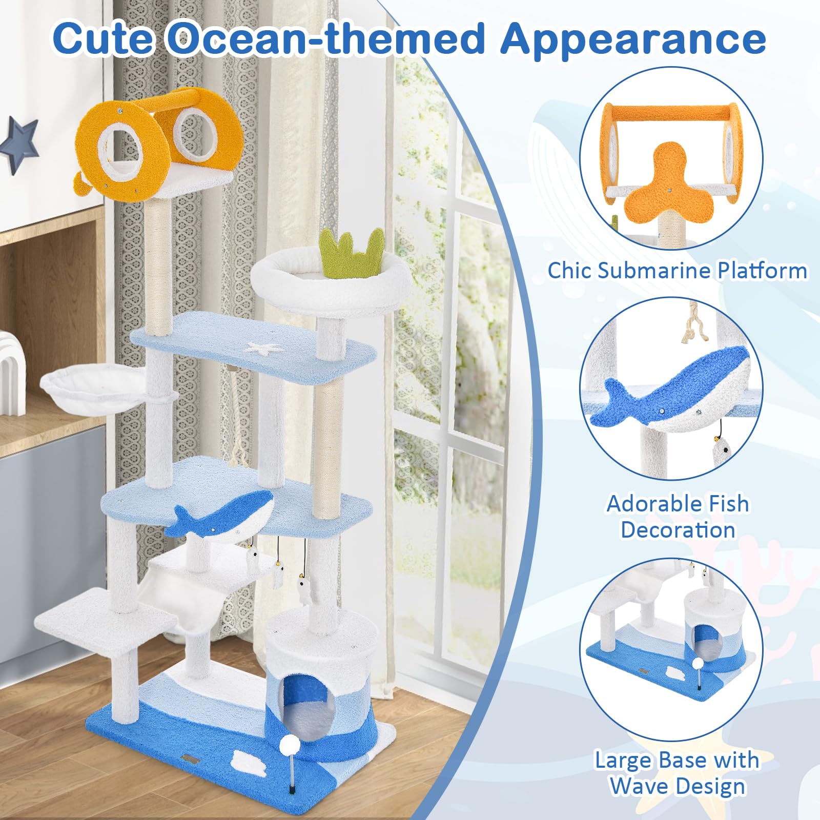 Ocean-Themed Cat Tree, 3-Level Cat Tower - Tangkula