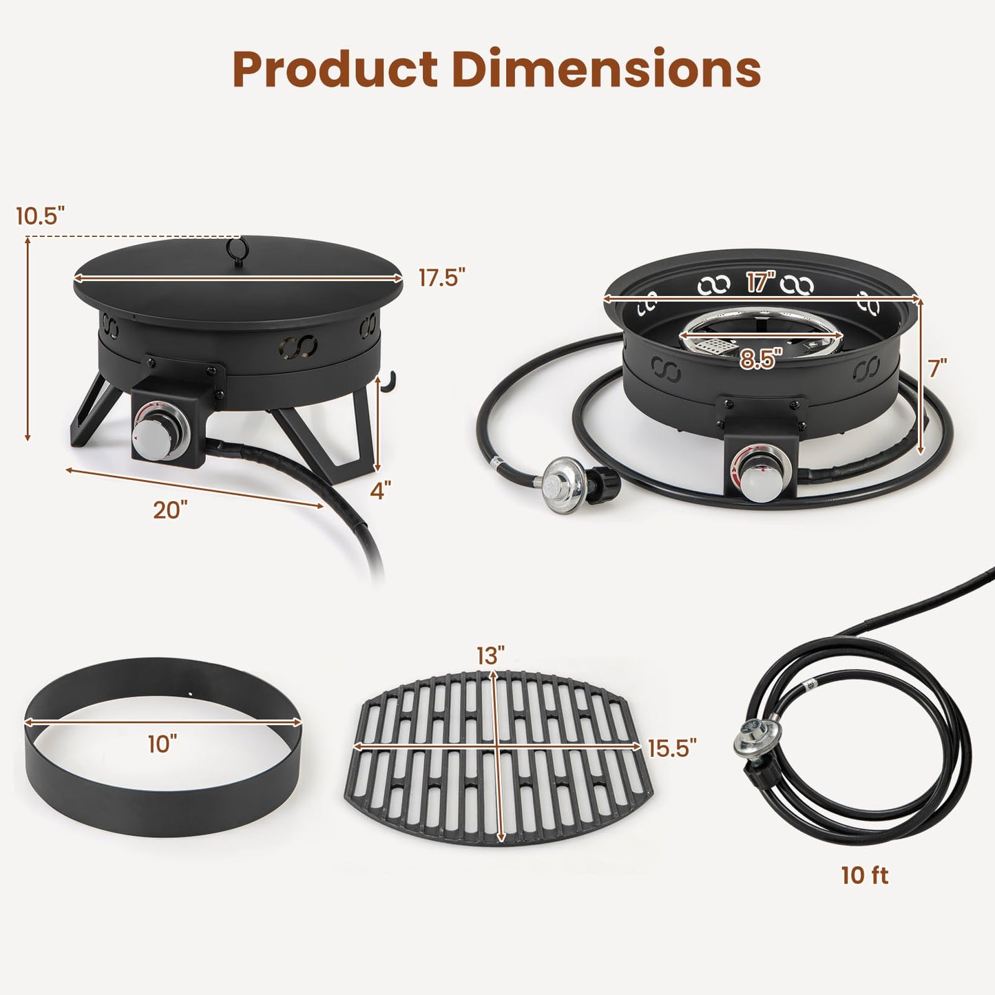 Tangkula 17 Inch Tabletop Propane Fire Pit, 58,000 BTU Gas Firepit with Folding Legs & Removable Grill