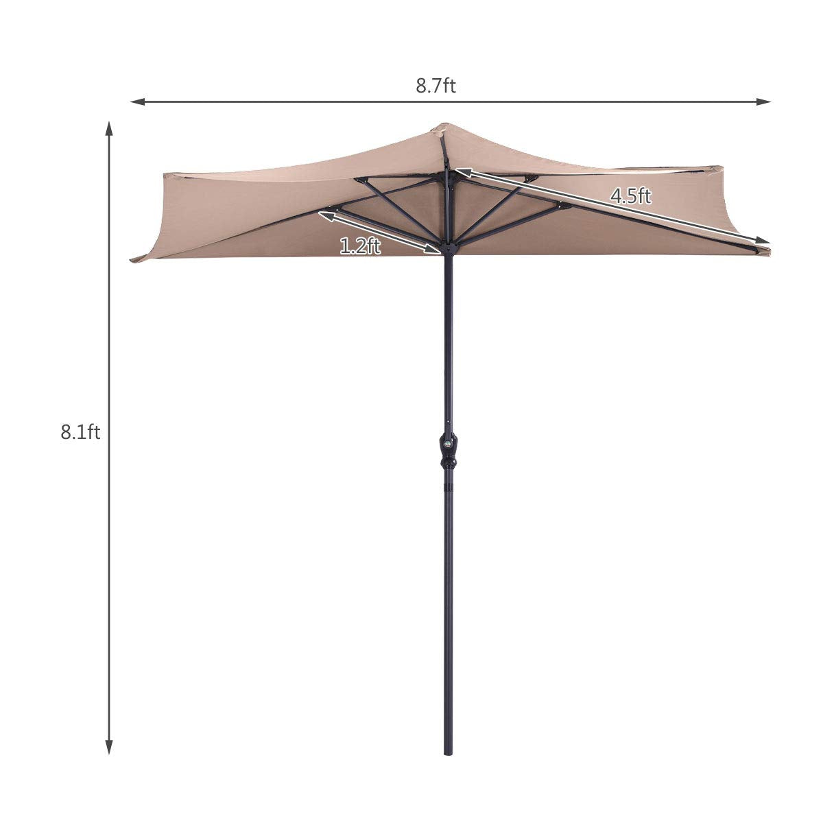 9 ft Half Round Outdoor Patio Umbrella, Market Umbrella with Crank and 5 ribs