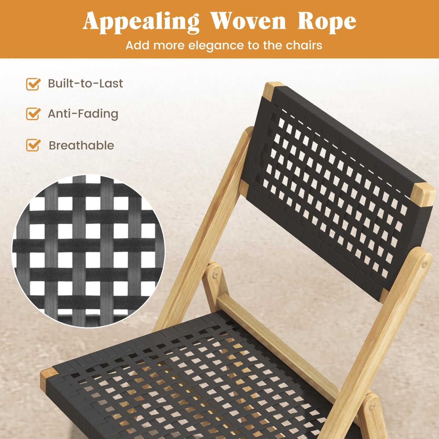 Tangkula Set of 2 Patio Folding Chairs, Solid Teak Wood Dining Chairs with Woven Rope Seat & Back