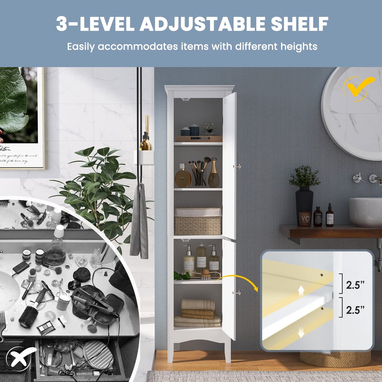 Tangkula Bathroom Storage Cabinet, 63 Inch Tall Narrow Storage Cabinet with 1 Adjustable Shelf and 2 Doors