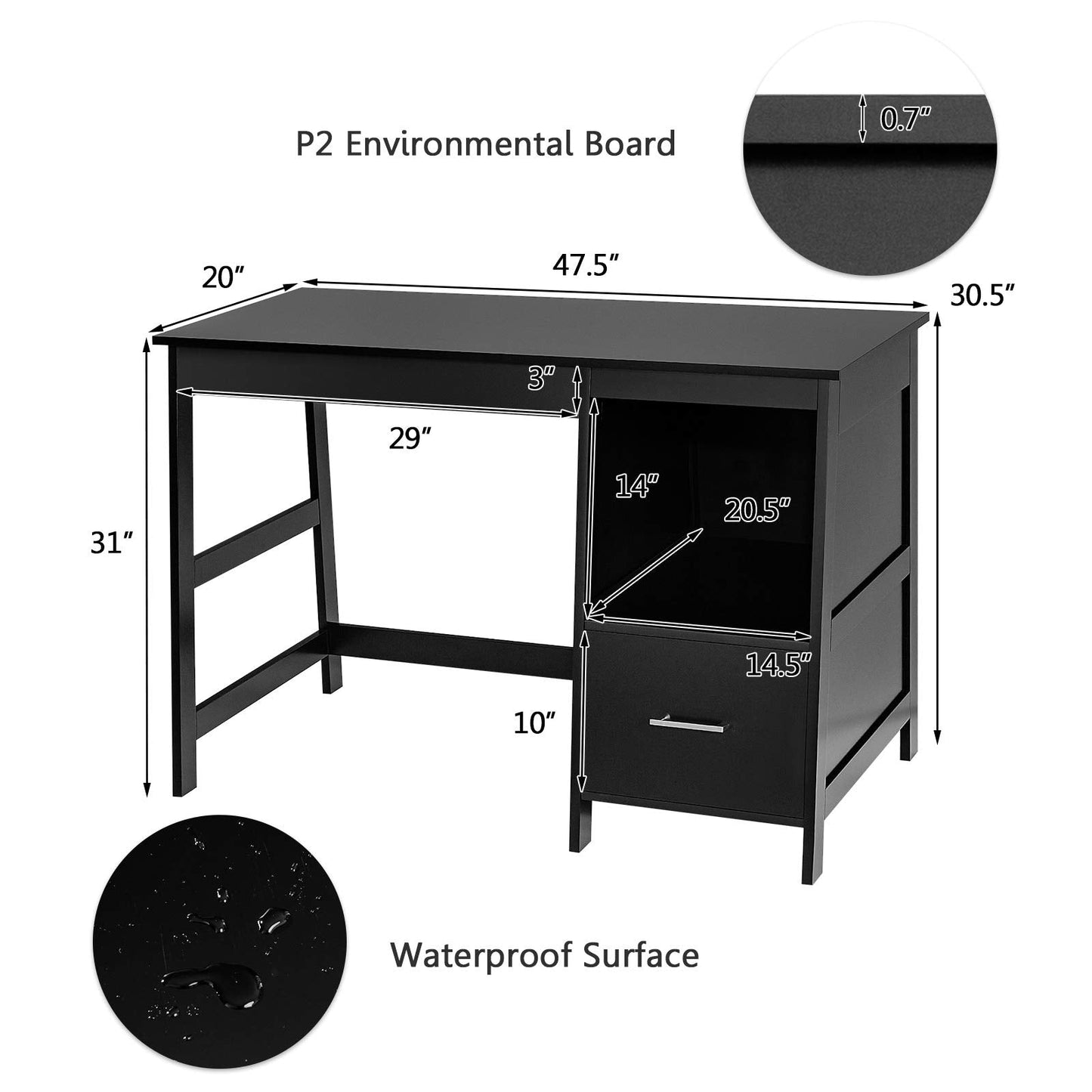 47.5" Computer Desk with 2 Storage Drawers, Small Computer Table Study Writing Desk