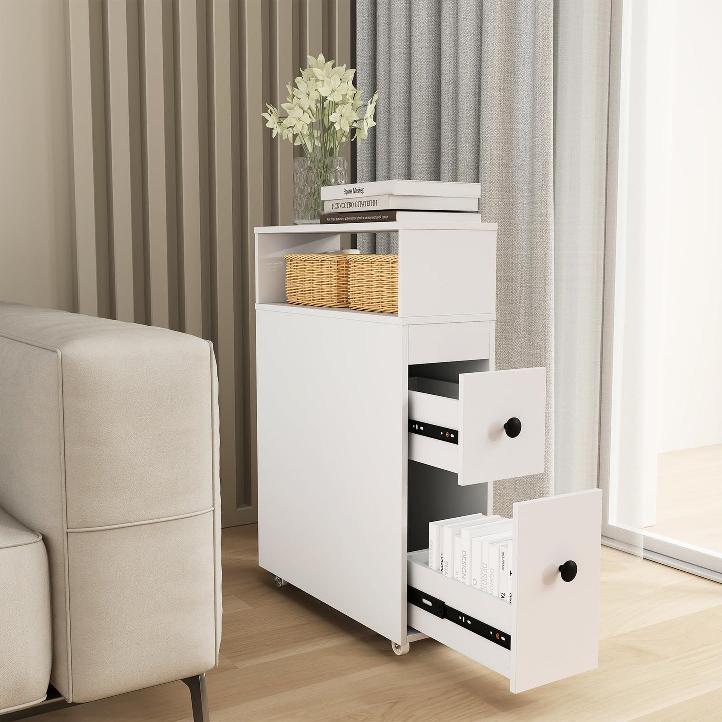 Tangkula Bathroom Storage Wood Bathroom Rolling Floor Cabinet