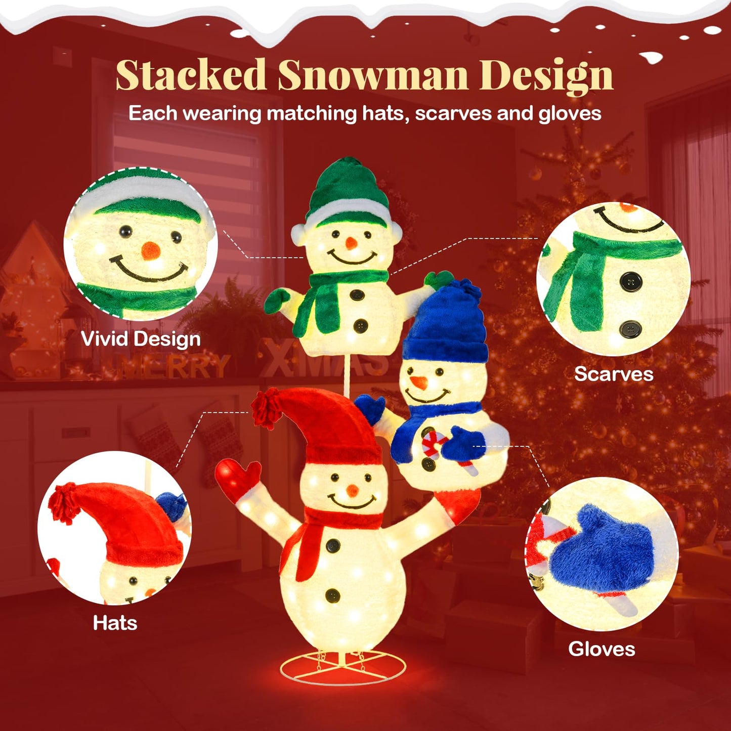 Tangkula 5 FT Christmas Lighted 3 Stacked Snowman Decoration