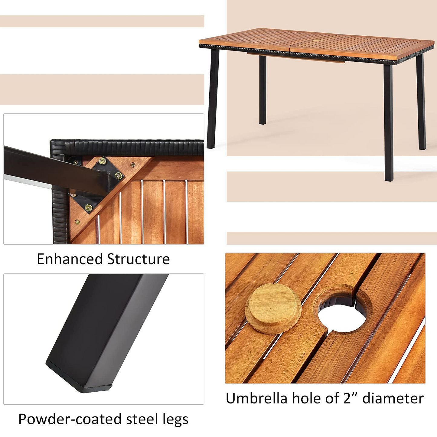 Tangkula Patio Acacia Dining Table, Outdoor Rectangle Dining Table with Acacia Wood Desktop