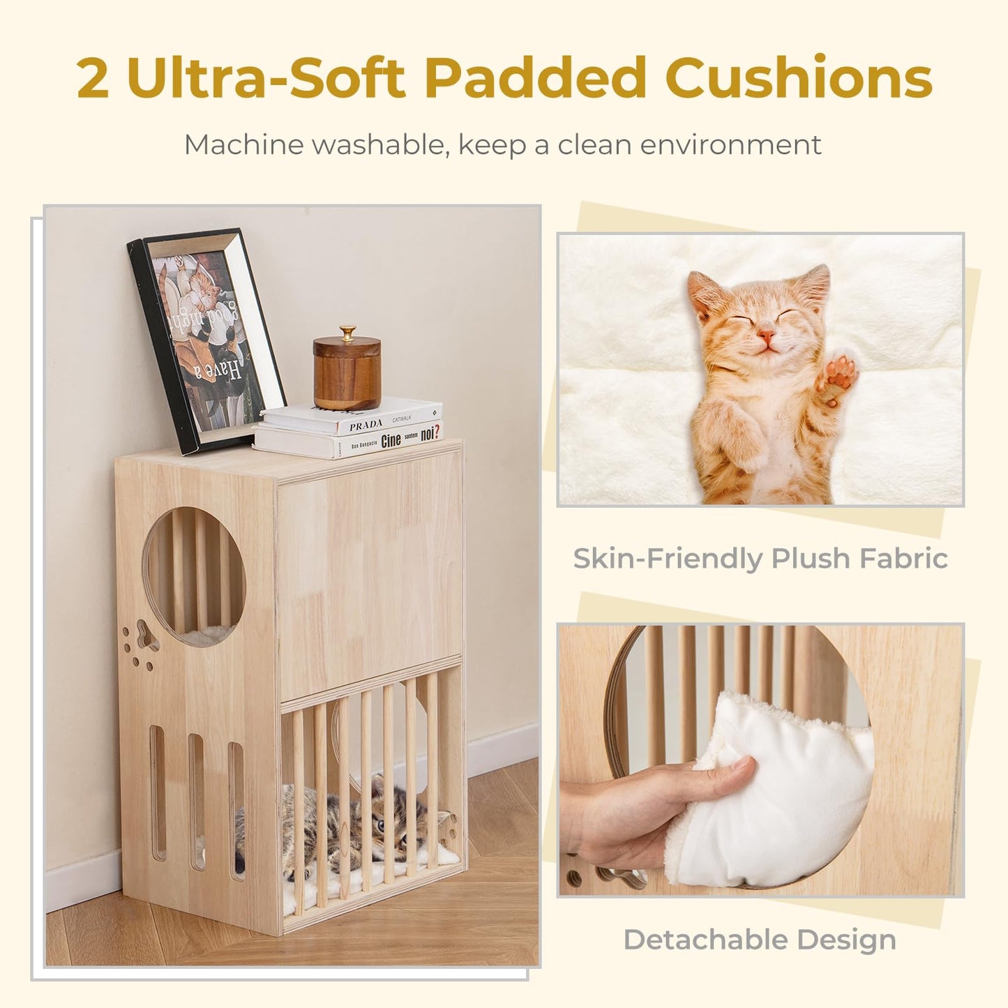 Tangkula 2 Tier Luxury Wood Cat House w/ 2 Washable Plush Cushions