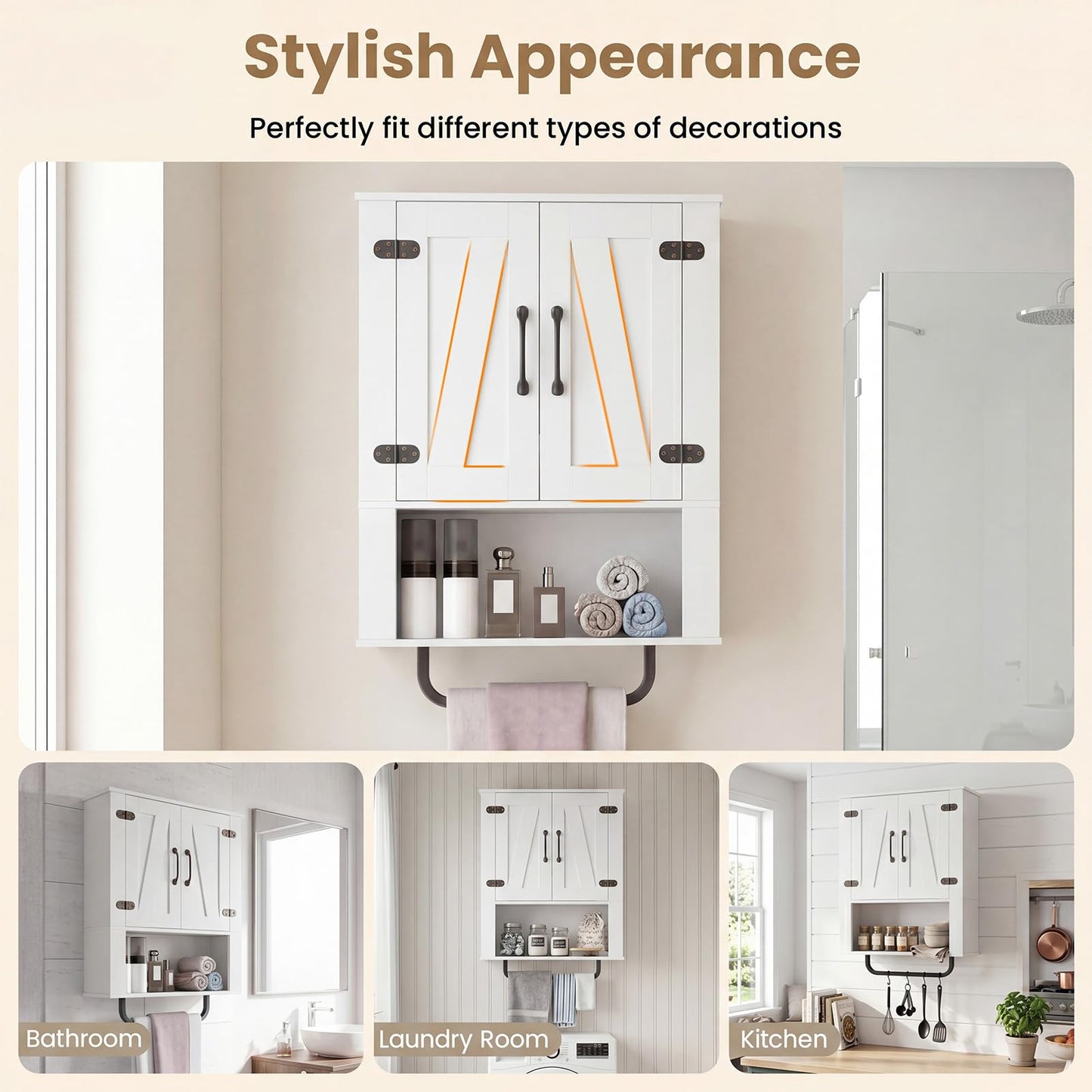 Tangkula Bathroom Wall Cabinet with 2 Barn Doors & Metal Towel Bar