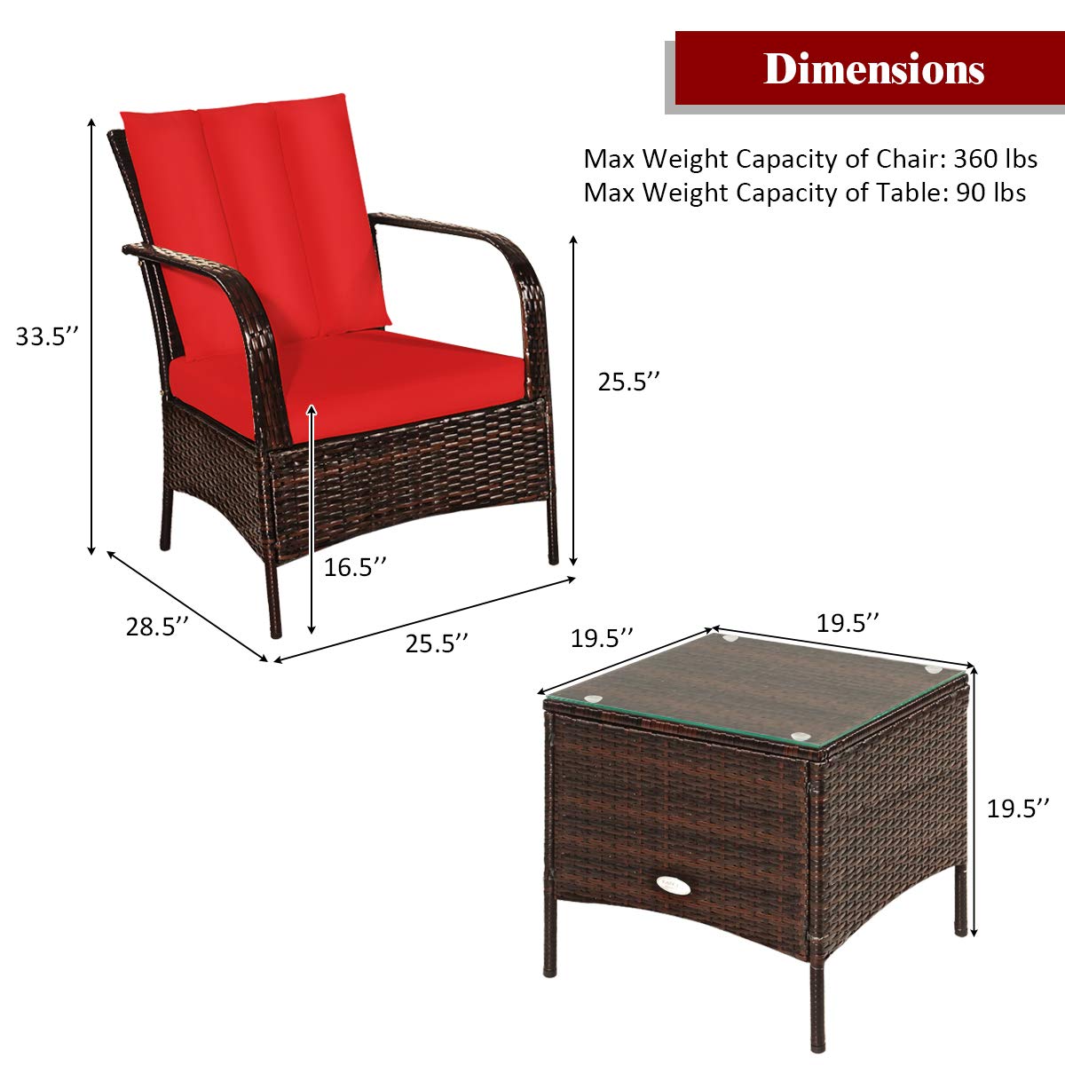 Tangkula 3 Piece Patio Furniture Set, 2 Wicker Chairs with Glass Top Coffee Table