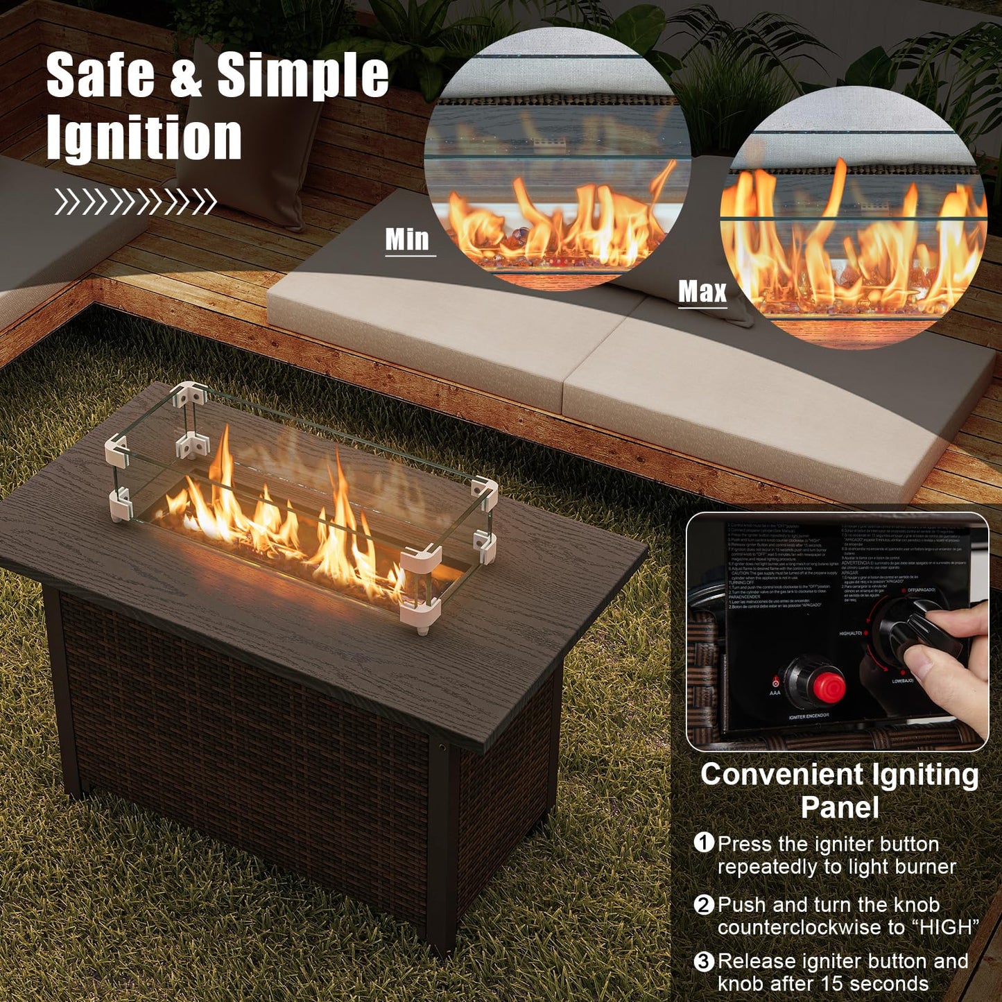 Tangkula Outdoor Propane Fire Pit Table, 42 Inch Rectangular Rattan Fire Table with Wind Guard & Glass Rocks