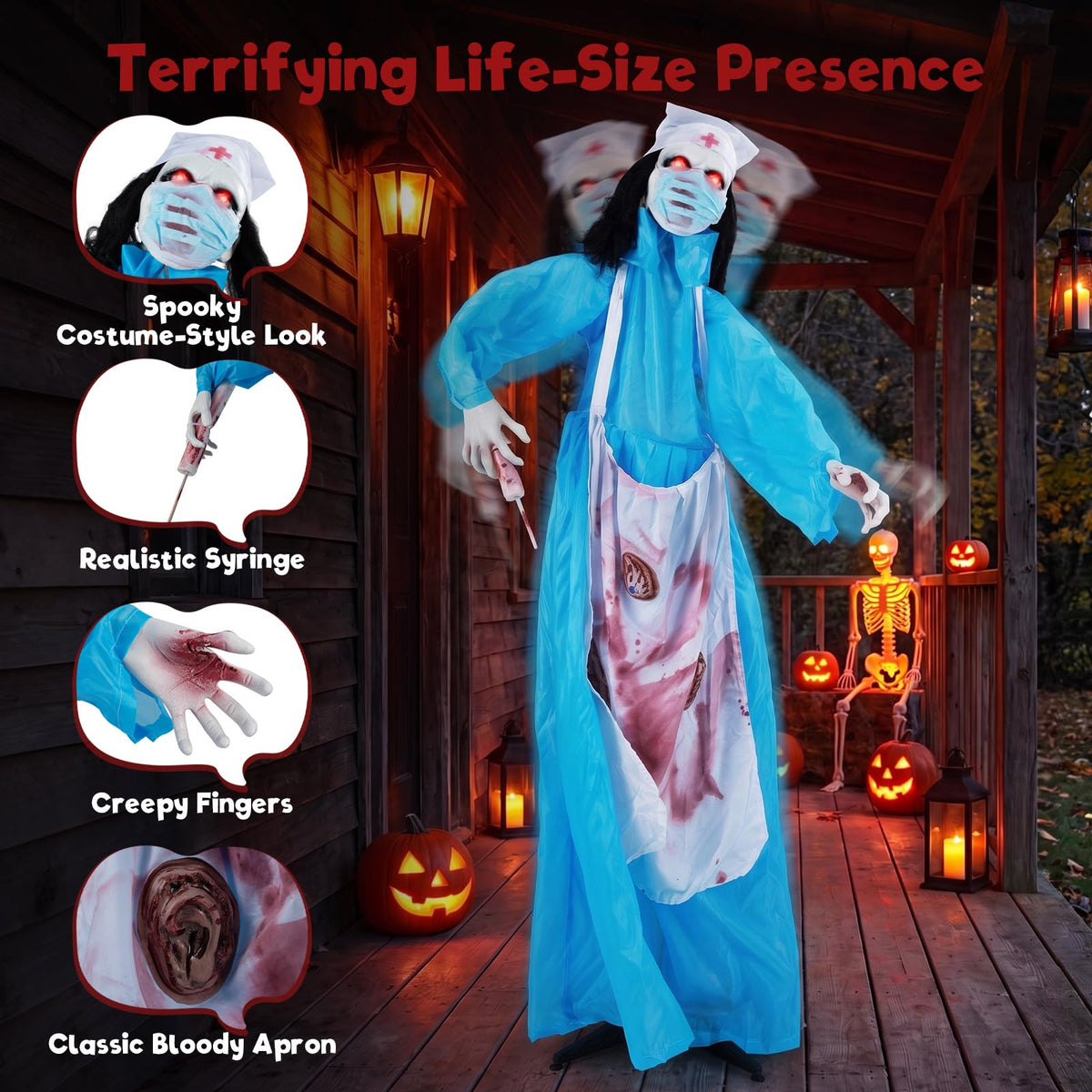 Tangkula 6.1 FT Halloween Standing Animatronics Zombie Nurse Holding Syring