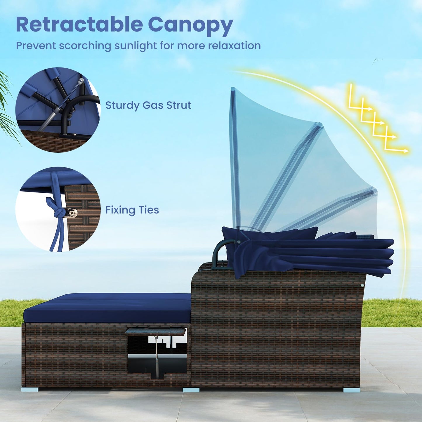 Tangkula Outdoor Wicker Sunbed with 2 Foldable Side Tables Thick Seat & Back Cushions