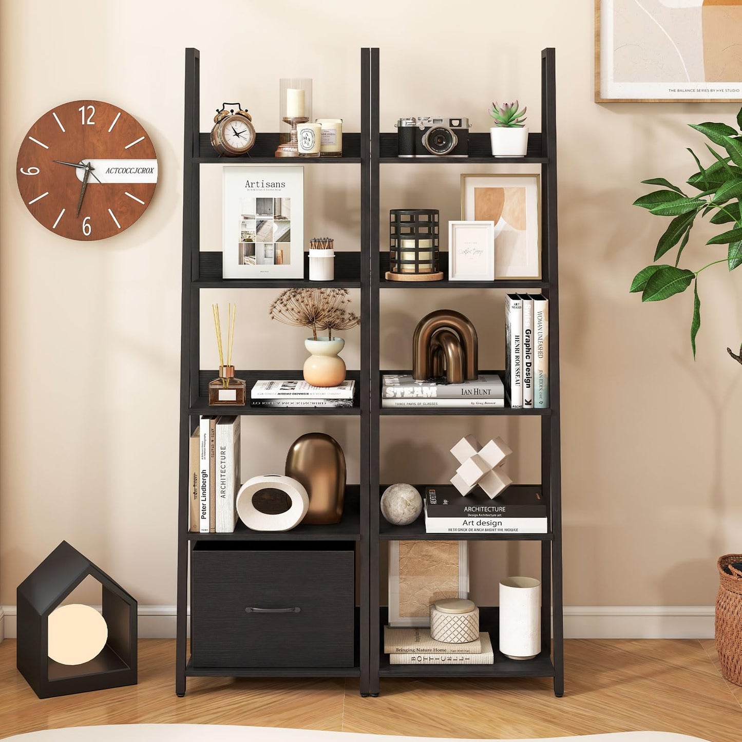 Tangkula 5-Tier Narrow Ladder Bookshelf with Fabric Drawer (1/2)