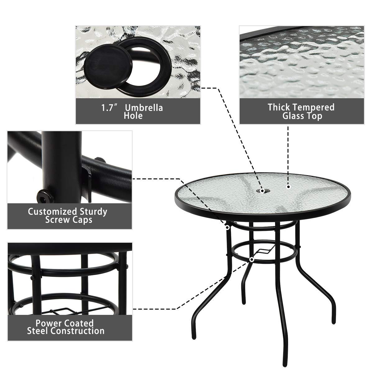 32" Outdoor Patio Table Round Steel Frame Tempered Glass Top Commercial Party Event Furniture Conversation Coffee Table