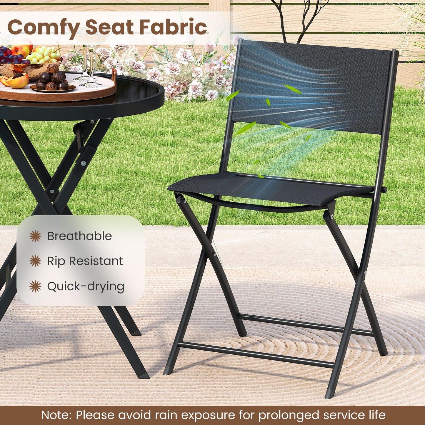 Ensemble bistrot pliant 3 pièces Tangkula avec siège en tissu respirant et plateau de table en verre trempé