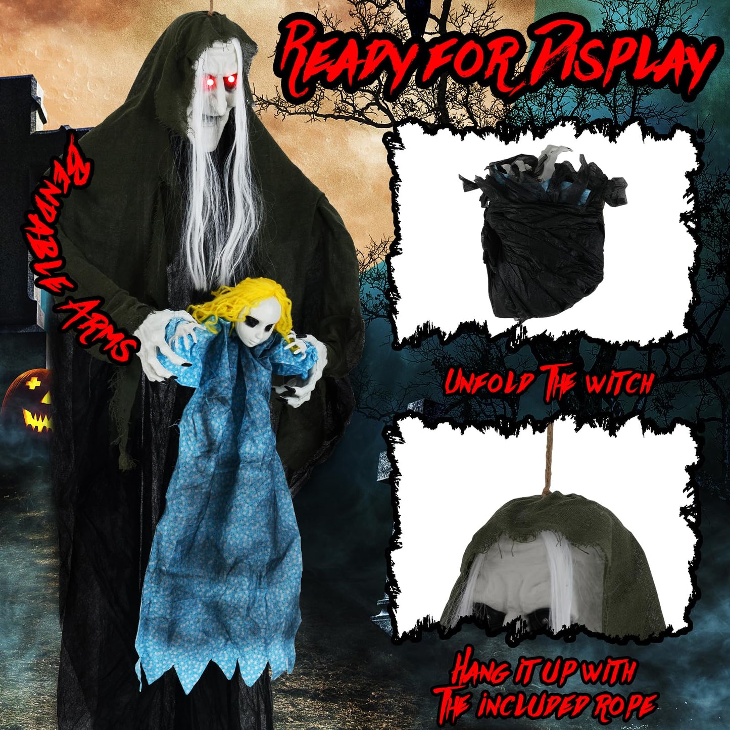 Tangkula Hanging Halloween Decoration Sound-Activated Witch Holding Ghost Girl with Spooky Sounds