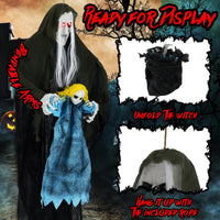 Tangkula Hanging Halloween Decoration Sound-Activated Witch Holding Ghost Girl with Spooky Sounds