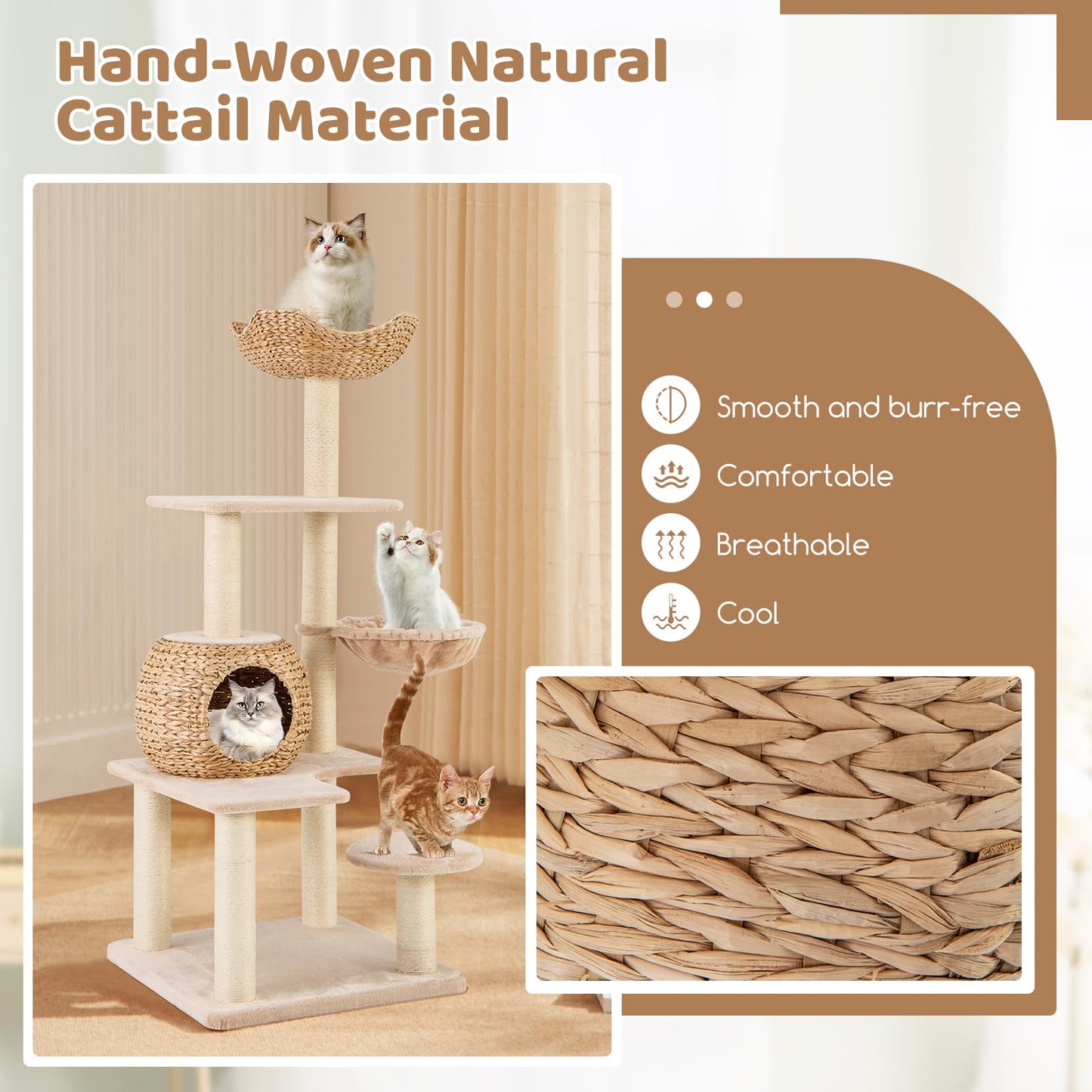 Arbre à chat Tangkula 59 pouces, tour à chat multi-niveaux avec poteaux à gratter en sisal