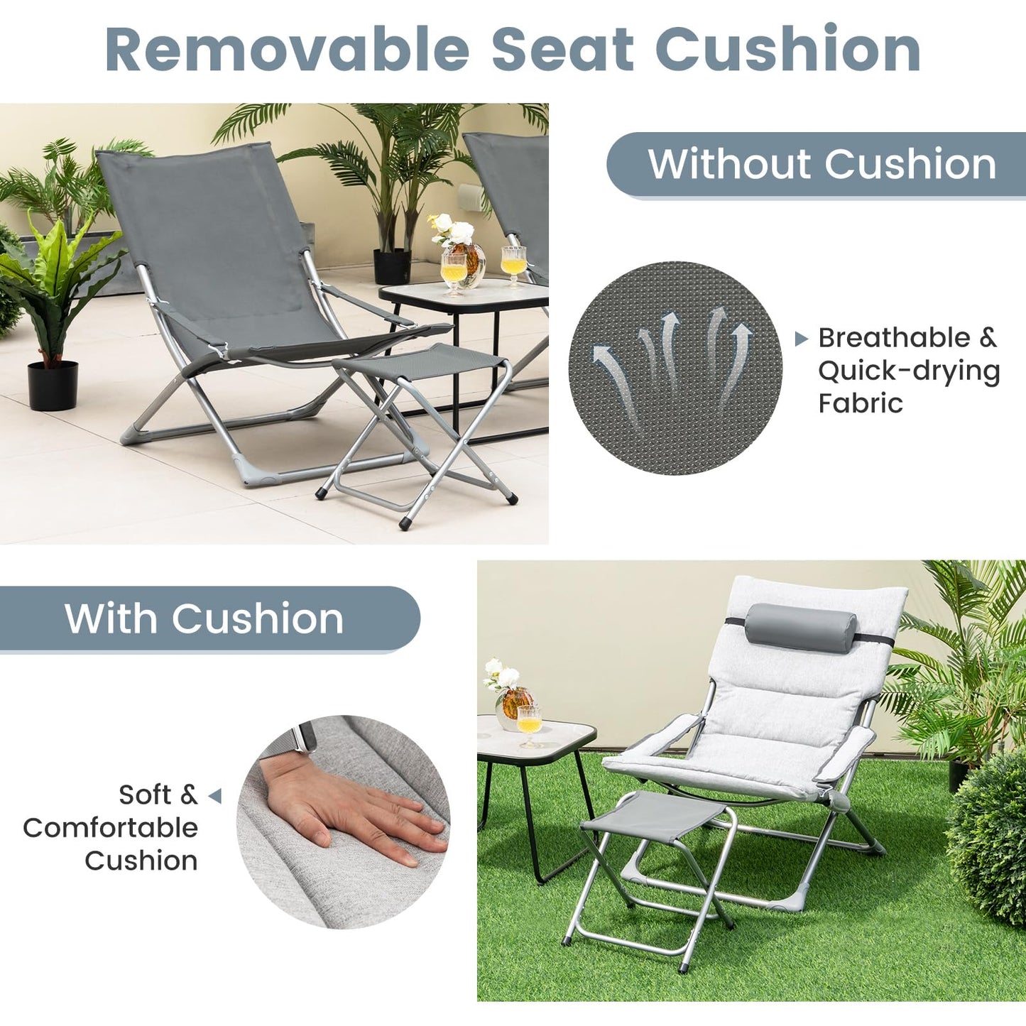 Tangkula 5 Piece Patio Sling Chair Set, Folding Beach Lawn Chairs with Ottoman & Coffee Table